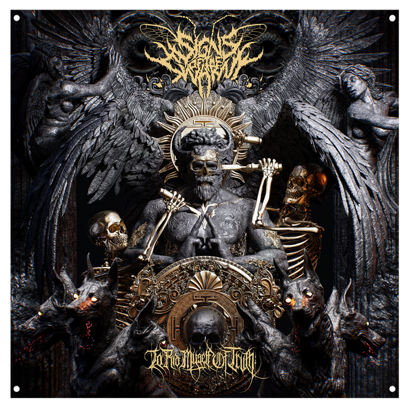 Signs of the Swarm album cover flag featuring official deathcore artwork – exclusive band merch from Merch Warfare