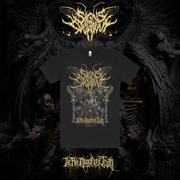 Signs of the Swarm album cover t-shirt featuring official deathcore artwork – premium band tee from Merch Warfare