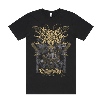 Signs of the Swarm album cover t-shirt featuring official deathcore artwork – premium band tee from Merch Warfare