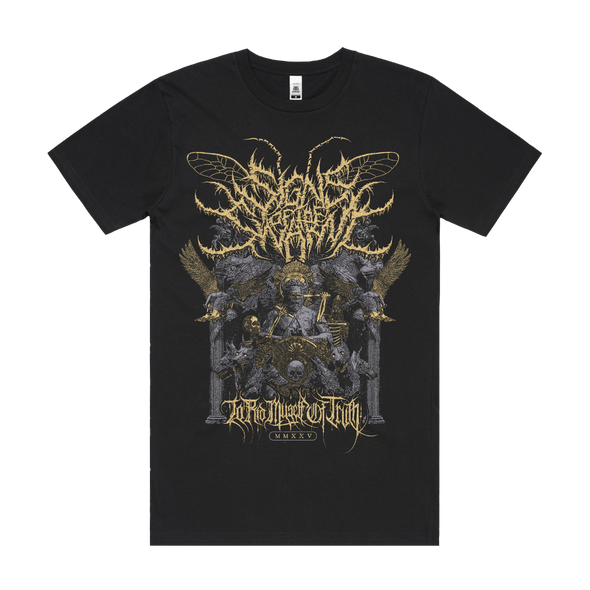 Signs of the Swarm album cover t-shirt featuring official deathcore artwork – premium band tee from Merch Warfare