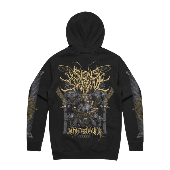 Signs of the Swarm album cover hoodie with official deathcore artwork – heavyweight band merch from Merch Warfare