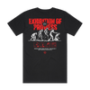 Kublai Khan TX Exhibition Of Prowess T-shirt with bold white lettering and graphic prints on front and back, printed on black cotton and sold exclusively at Merch Warfare.