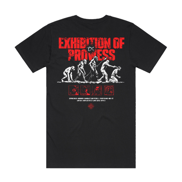 Kublai Khan TX Exhibition Of Prowess T-shirt with bold white lettering and graphic prints on front and back, printed on black cotton and sold exclusively at Merch Warfare.