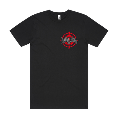 Kublai Khan TX Exhibition Of Prowess T-shirt with bold white lettering and graphic prints on front and back, printed on black cotton and sold exclusively at Merch Warfare.