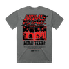 Kublai Khan TX Low Tech oversized T-shirt printed on heavyweight stonewash coal garment, official merchandise from Merch Warfare.