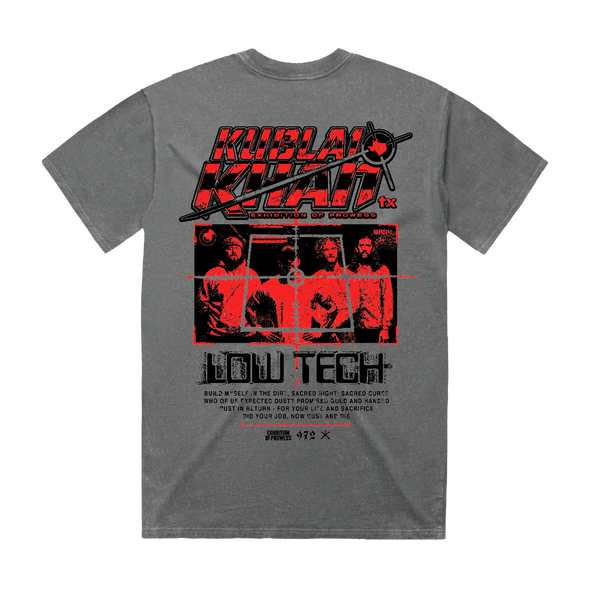 Kublai Khan TX Low Tech oversized T-shirt printed on heavyweight stonewash coal garment, official merchandise from Merch Warfare.