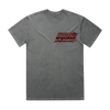Kublai Khan TX Low Tech oversized T-shirt printed on heavyweight stonewash coal garment, official merchandise from Merch Warfare.