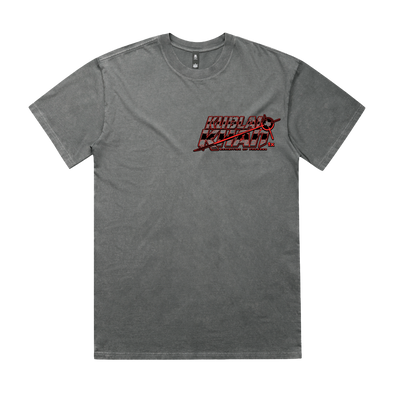 Kublai Khan TX Low Tech oversized T-shirt printed on heavyweight stonewash coal garment, official merchandise from Merch Warfare.
